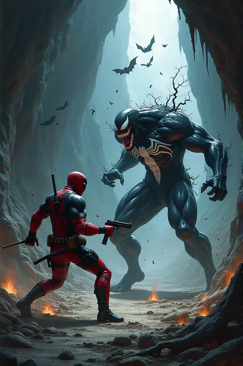 Deadpool and venom fight in a cave full of bats