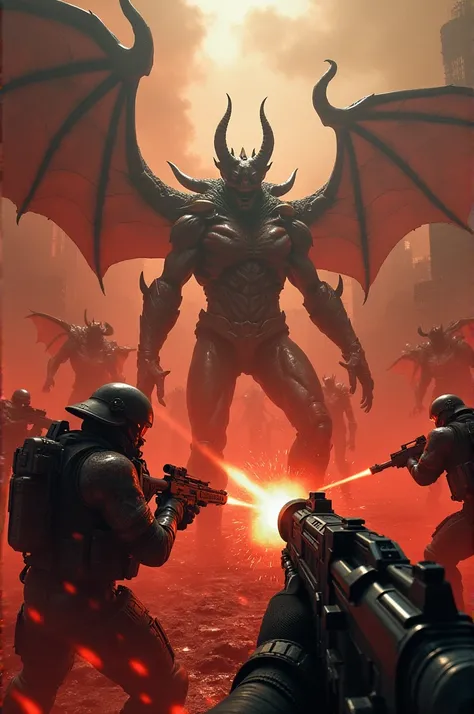 Call Of Duty: Demonic Warfare, demons from Doom franchise, enemies from Call Of Duty franchise, characters from Doom franchise, characters from Call Of Duty franchise, weapons from Doom franchise, weapons from Call Of Duty franchise, concept art style, fir...