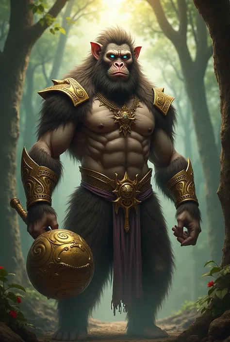 

"Create a highly detailed and photorealistic image of a powerful, muscular figure in a forest setting, akin to a mythological character. He is adorned in golden jewelry and holding a large ornate golden mace. His body remains muscular and defined, but no...