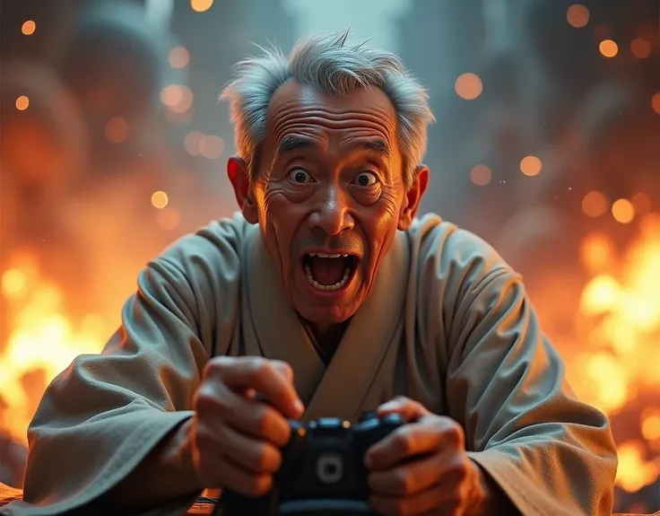 A hyper-realistic portrait of an elderly Japanese man with short gray hair, wearing a traditional yukata. He is holding a joystick in his hand with a surprised and intense expression, his mouth wide open and eyes wide, as if in the middle of an intense gam...