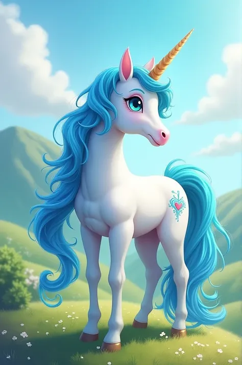 MLP: A Unicorn Mare with white fur, turquoise blue eyes, cyan blue hair and mane with opal blue highlights, her cutie Mark: Heart with a musical note. 