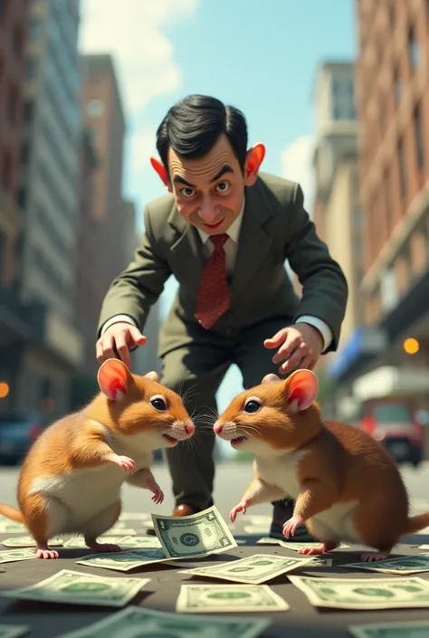 Draw a picture in which Mr Bean  collecting Dollars Hamster Kombat Mouse  Token Airdrop. Draw realistic image