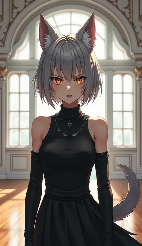 Anime teenage girl, wolf ears and tail, elegant hairstyle gray hair, black, amber eyes, angry expression, long cloth gloves, inside a mansion with white walls and wooden floors, lots of white lighting.