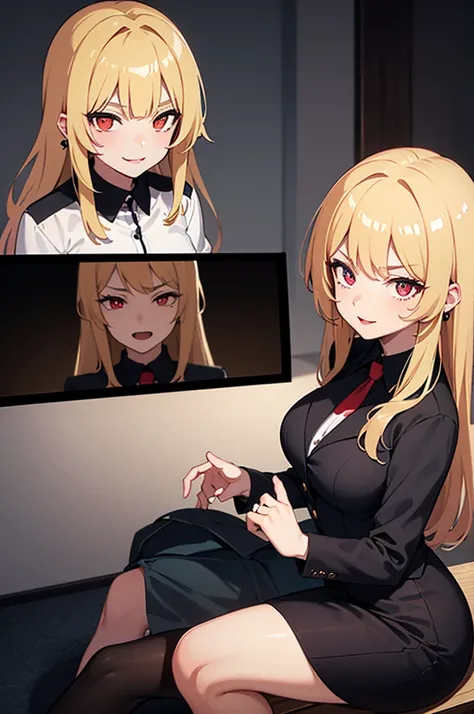 A beautiful girl sitting in her office, an evil look, a black suit, short skirt, long-sleeved jacket, white shirt, black heels, big rounds breasts, blonde hair, long bangs, red bangs, hair behind ear, long hair, straight hair, expressive hair, shiny hair, ...