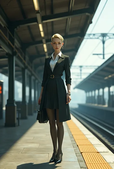 Super realistic illustration, Detailed Fantasy art, Cinema 4D rendering, 1 androgynous lady, solo, full body, A elven lady is Standing on the station platform, blonde and slicked-back short hair, Azure eyes. drooping thin Pointed Ears, Wearing a watch, Off...