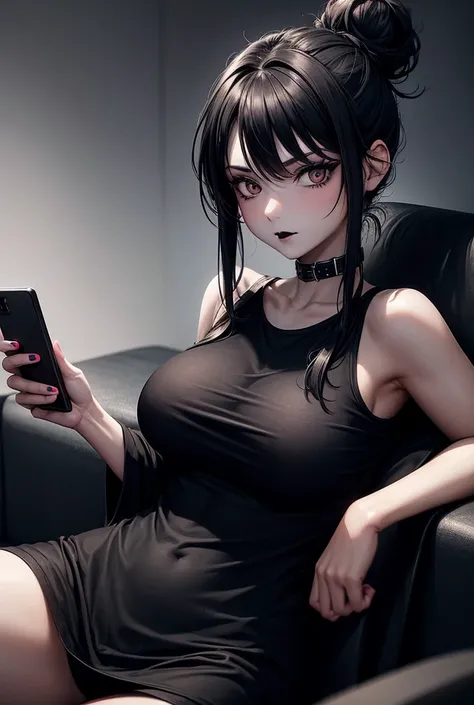 1girl, large breasts, goth, black lipstick, black hair, hair in a bun, wearing oversized dark colored t-shirt, baggy t shirt, no pants, looking at smartphone, on couch, using smartphone