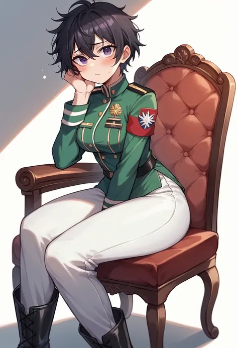 Masterpiece, uncensored, BREAK, black haired girl, straight hair, female, straight hair, short cute hair, messy hair,dark purple eyes, medium breasts, medium ass, medium thighs, sitting in chair, blushing face, white military uniform, white pants, black bo...