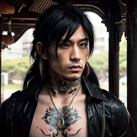 1 man, Japanese man, male, Asian eyes, muscular, broad shoulders, yakuza tattoos, hairstyle Visual Kei style, hair Visual Kei, black mens shirt and black pants, ultra detailed face, hyperrealistic, realistic representation, long hair, long hair, 30 years o...