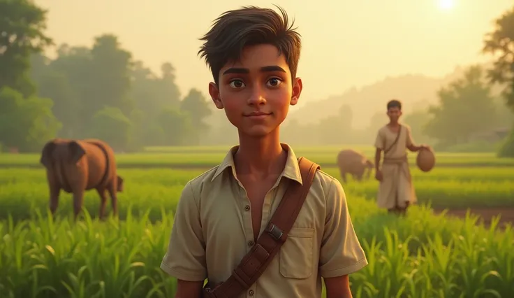 "A young man named Arjun, from a small rural village, stands in a simple, rustic setting, surrounded by lush green fields. He appears determined and focused, reflecting his inner strength and belief in hard work. His attire is humble, typical of a farmers ...