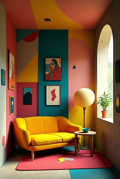 A stylization of an interior in a Cubism conceptual art way. Theres a room with a corner perspectiv with a yellow sofa, a small wooden table, and a big lamp. The room has a bohemian interior style . The walls are adorned with paintings.  The room is  fragm...