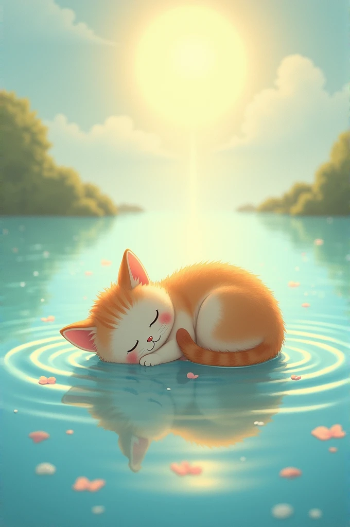 A cute cat is sleeping in the water surface with sunshine 