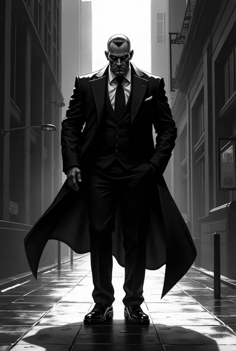 A picture of a powerful and evil businessman in black and white drawing style on a dark street 