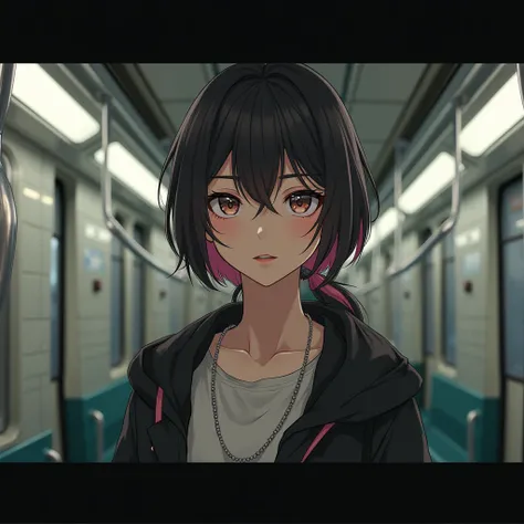 Adult anime girl in subway looking in camera 