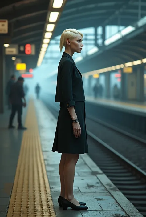 Super realistic illustration, Detailed Fantasy art, Cinema 4D rendering, 1 androgynous lady, solo, full body, A elven lady is Standing on the station platform, blonde and slicked-back short hair, Azure eyes. Pointed Ears, Wearing a watch, Office worker clo...