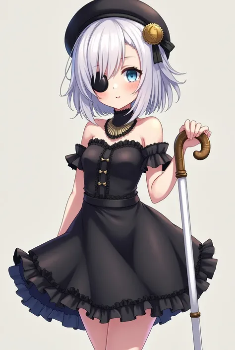 Anime, young adult, Female, petite, 48 height, smooth skin, small breasts, cushy thighs and butt, mischievous light blue eyes with black eyepatch, short white hair, white cane with gold ornament, frilly mid-thigh length black dress, black beret, teasing