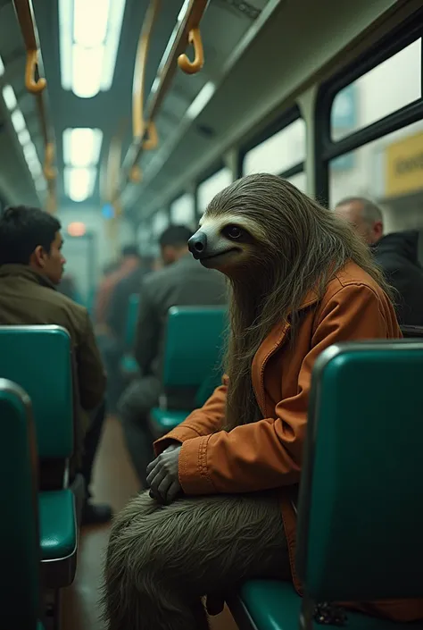 (best quality)), ((masterpiece)), (detailed),A surreal female creature with the head of a sloth and the body of a human, seamlessly blending into the daily life of a town. in a bus, The overall atmosphere is unsettling and otherworldly, with a non-everyday...