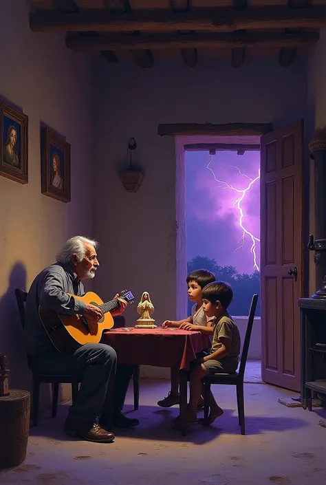 Give me a realistic picture of the interior of a house, An old man sings with a guitar with 3 children gathered at the table, In the middle of the table there is a small sculpture of the Virgin Mary with her arms open.. Through the window you can see a sto...