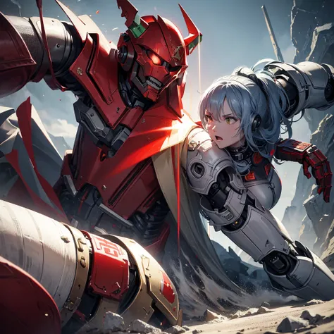 a war-torn battlefield, a robotic oni-masked man in red armor with a yellow leather cape fighting against a girl in a white armor with a green leather cape, highly detailed, cinematic, dramatic lighting, epic scale, ultra-detailed, photorealistic, masterpi...