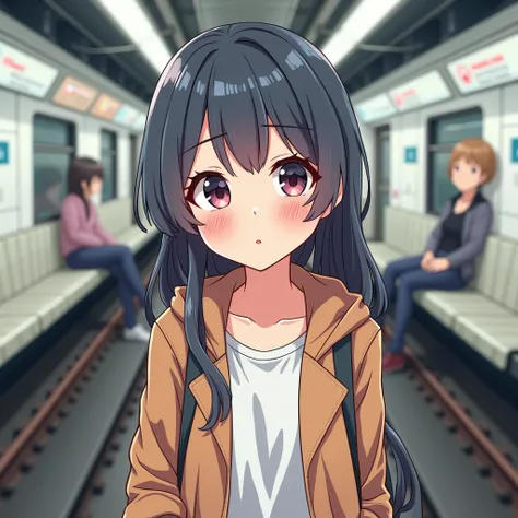 Adult anime girl in subway looking in camera cartoon mode