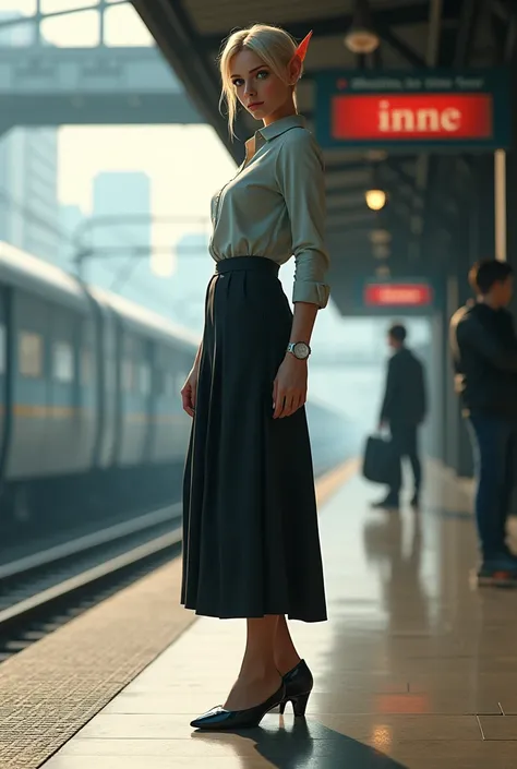 Super realistic illustration, Detailed Fantasy art, Cinema 4D rendering, 1 androgynous lady, solo, full body, A elven lady is Standing on the station platform, blonde and slicked-back short hair, Azure eyes. Pointed elf Ears, Wearing a watch, Office worker...