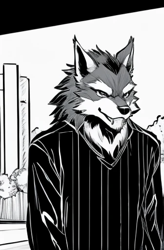 whole body、 Monochrome、A comical werewolf in a long-sleeved black shirt walks by.、