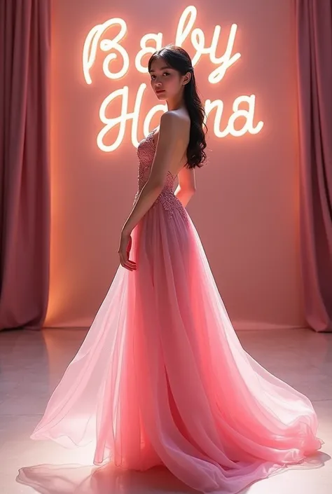 a beautiful korean, wearing a ballroom pink gown, standing in the dance stage, with a background name "Baby Hanna"