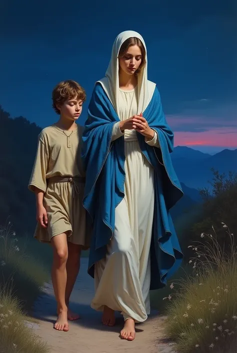 Make me a very detailed realistic image of the Virgin with the young Jesus. The Virgin wears a blue cloak, a white veil and a soft, light white robe. Jesus wears beige tunic. The night is blue tones, violet and pink. They are walking on a steep path. in th...