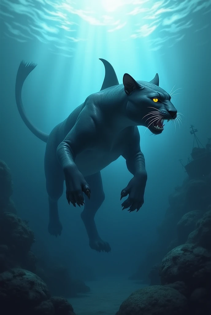 Envision a sleek and fearsome hybrid creature patrolling the depths of the ocean, combining the agility of a panther with the raw power of a shark. Its body is muscular yet streamlined, covered in smooth, dark skin like a shark, but with the graceful, feli...