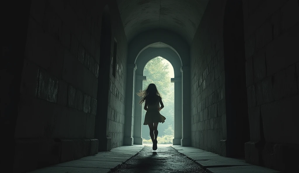 (photorealism:1.2), A girl runs through a dark, narrow, stony corridor.