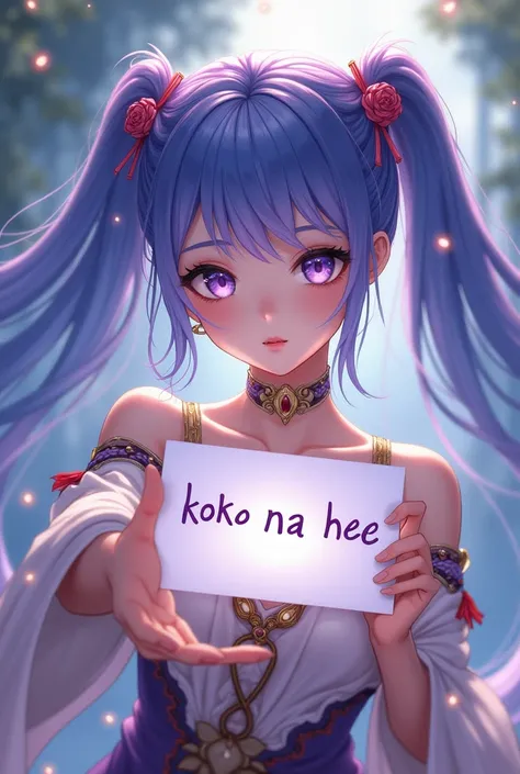 A beautiful girl with purple twin-tailed hair and purple-blue hair wearing a bohemian outfit is holding a white sign that says: "Koko Na hee" And show it to the audience.