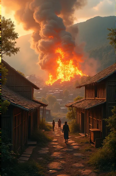 Generate a realistic image where bamboo houses in mountain are burned in fire and ethnic people are crying
