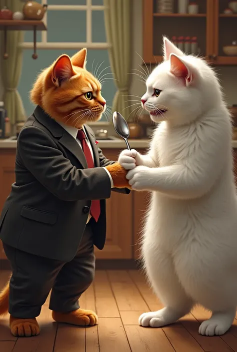 draw a brown cat and a white cat in the house.draw in good quality. show that they are angry and arguing.draw white cat is in the kitchen and holding a spoon. draw brown cat wearing suit. draw them arguing.