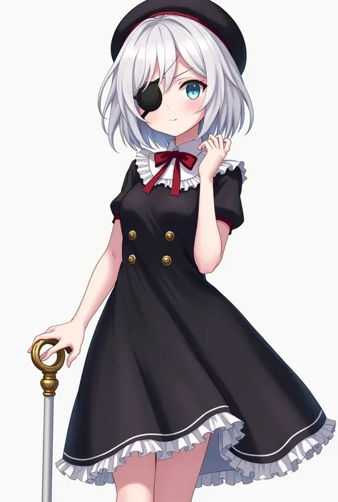 Anime, young adult, female, petite, 48 height, smooth skin, small breasts, cushy thighs and butt, mischievous half-closed light blue eyes with black eyepatch, short white hair, white cane with gold ornament, frilly mid-thigh length black dress, black beret