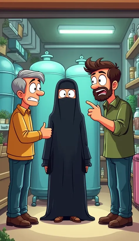 "A misunderstanding unfolds at a shop where a man asks about the price of water tanks, mistaking a woman in a black burqa as a part of the display. The shopkeeper angrily points at the woman while the man looks embarrassed cartoon 