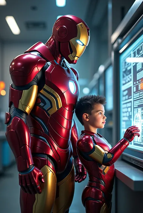 "Iron Man in his red-and-gold armor standing in his high-tech lab, with his child beside him. The child, wearing a child-sized version of Iron Mans suit, is working on a holographic display, mirroring their father’s tech skills. The lab is filled with futu...