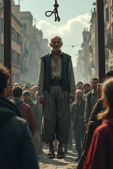 The scene of the hanging of a sage elder man in grey vest, gallows in crowded town- square, many people around are laughing, feet in the air 