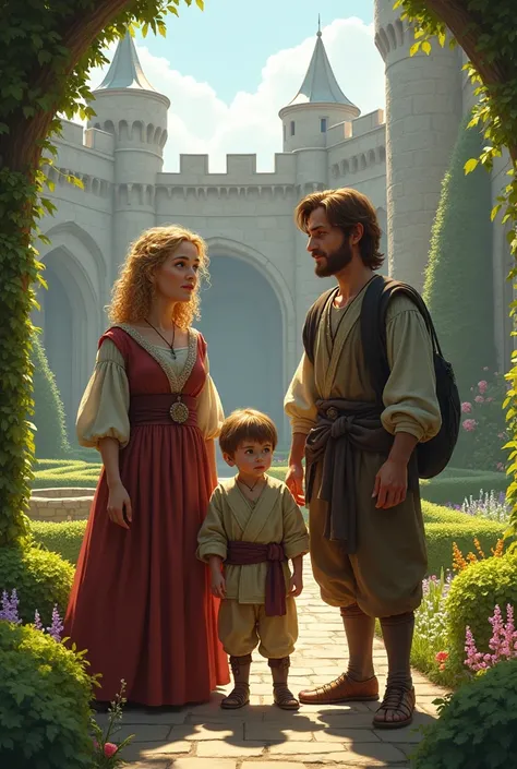 A poor medieval family, woman with blonde curly hair, Brown straight hair man, child with brown straight hair, they are in the garden of a castle, all surprised