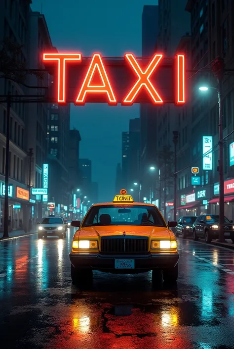 Make me a picture that has a taxi at night. At the top of the image, write the word &quot;la pasajeros del malas allá&quot; in Spanish. 