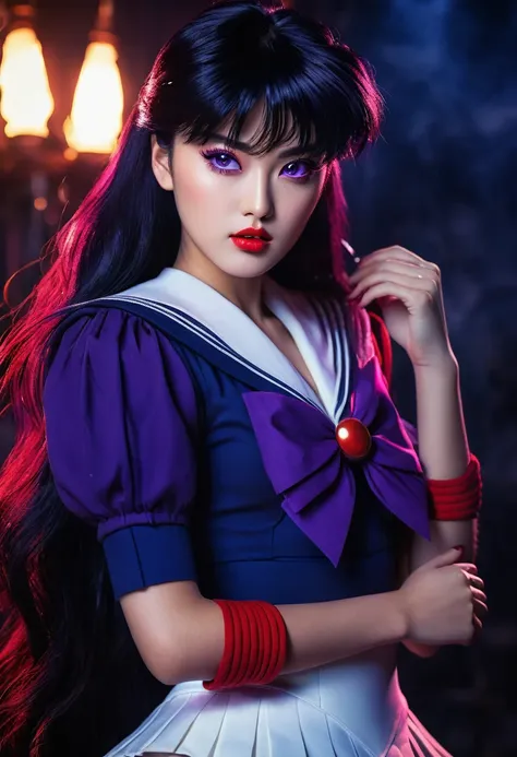 a highly detailed realistic of sailor mars, rei hino, in a dark fantasy movie setting, photorealistic, extremely detailed facial...