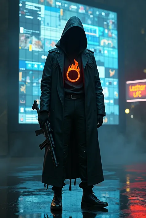 A soldier with a gun dressed as anonymous and in the background a giant cyber screen and a Fire sign on the front of the soldier that says and in the background of the screen a sign LESTHER OFC