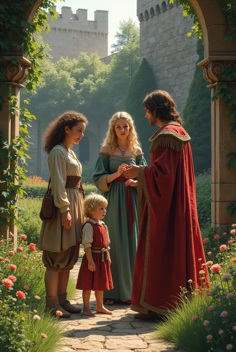 A poor medieval family, woman with blonde curly hair, Brown straight hair man, child with brown straight hair, they are in the garden of a castle talking to a queen with straight brown hair and green eyes and a child with blond hair