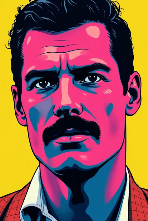 Freddie Mercury face in bright neon colors, with a 2d comic style
