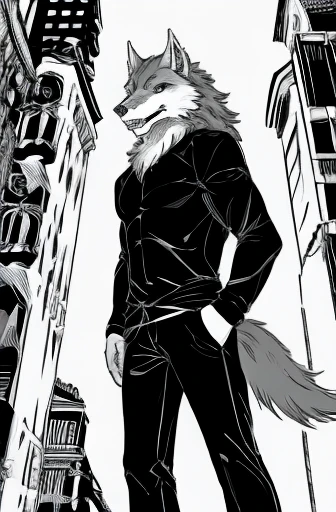 whole body、 Monochrome、A comical werewolf in a long-sleeved black shirt walks by.、