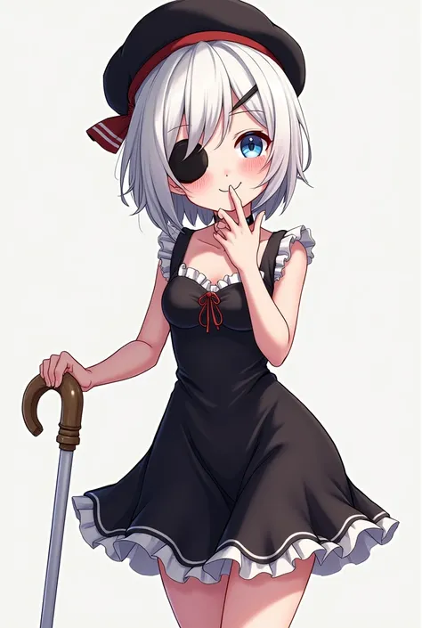 Anime, young adult, female, petite, 48 height, smooth skin, small breasts, cushy thighs and butt, mischievous light blue eyes with black eyepatch, short white hair, white cane with gold ornament, frilly mid-thigh length black dress, black beret, finger ove...