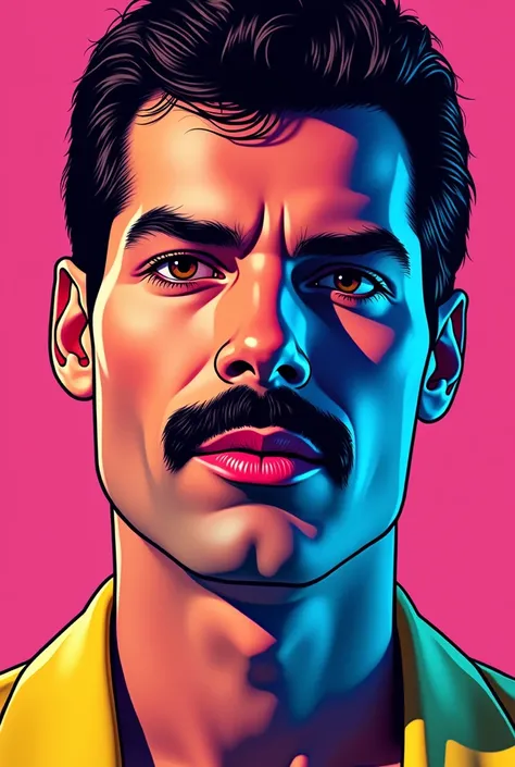 Freddie Mercury face in bright neon colors, with a 2d comic style
