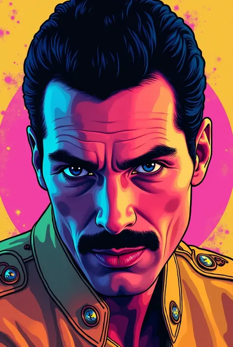 Freddie Mercury face in bright neon colors, with a 2d comic style
