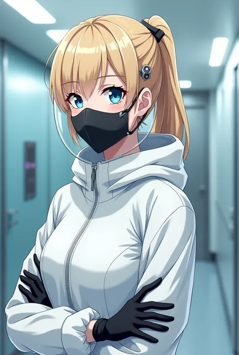 Anime Nurse wearing clean room coveralls with a hood black  latex gloves a face shield and a black surgical mask   has blonde hair and blue eyes