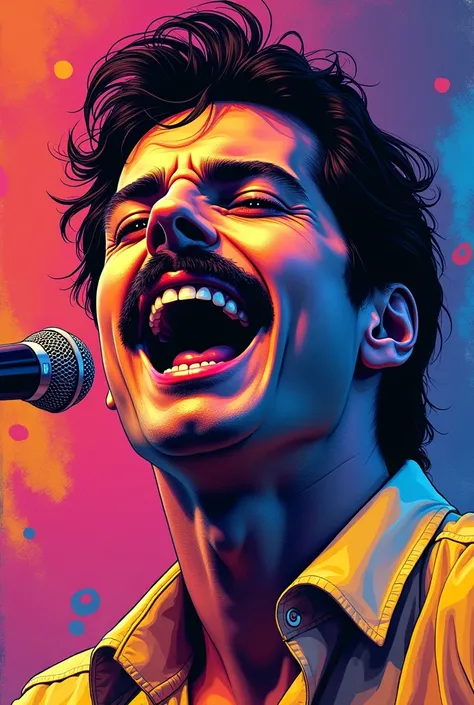 Freddie Mercury face singing in bright neon colors, with a 2d comic style
