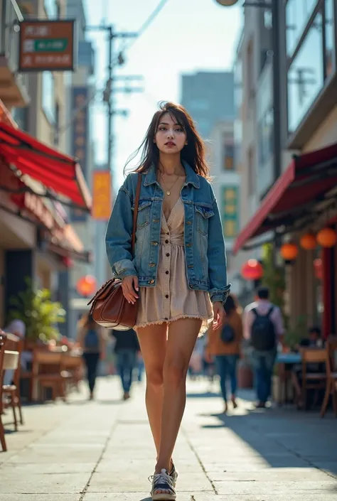 a 20 year old japanese woman stylishly dressed for a casual Friday. She is walking down a bustling city street that captures a vibrant urban vibe. She wears a trendy denim jacket over a chic dress, accessorized with a leather handbag and sunglasses. The ba...