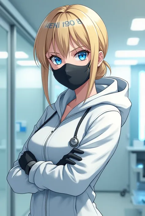 Anime Nurse wearing clean room coveralls with a hood black  latex gloves a face shield and a black surgical mask   has blonde hair and blue eyes